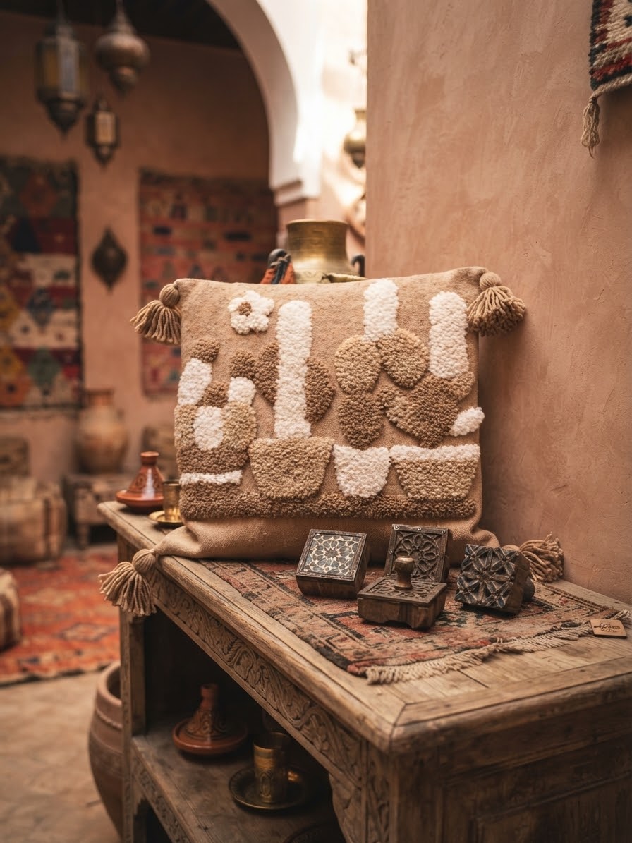 Vue à plat housse de coussin berbère punch needle 48x48 cm, motif cactus abstrait ivoire et sable, quatre pompons camel, fond en bois naturel