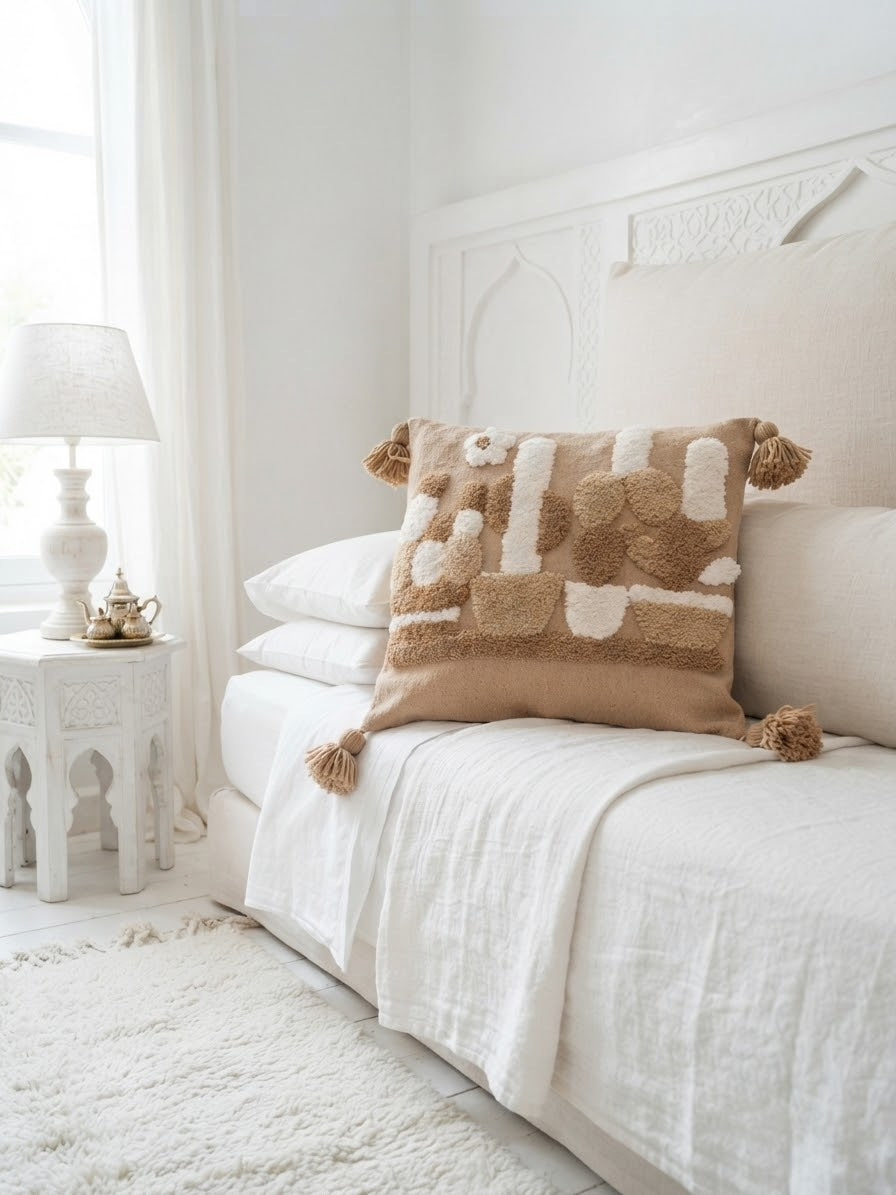 Housse de coussin punch needle abstraite berbère sur lit blanc style maison d'hôtes marocaine, tons camel et ivoire, pompons naturels