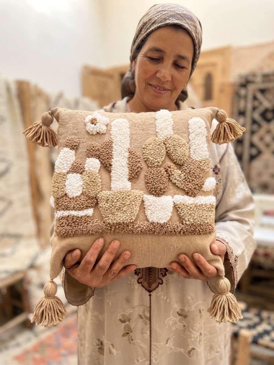  Artisane marocaine en djellaba tenant une housse de coussin berbère punch needle faite main, dans un atelier de tissage au Maroc