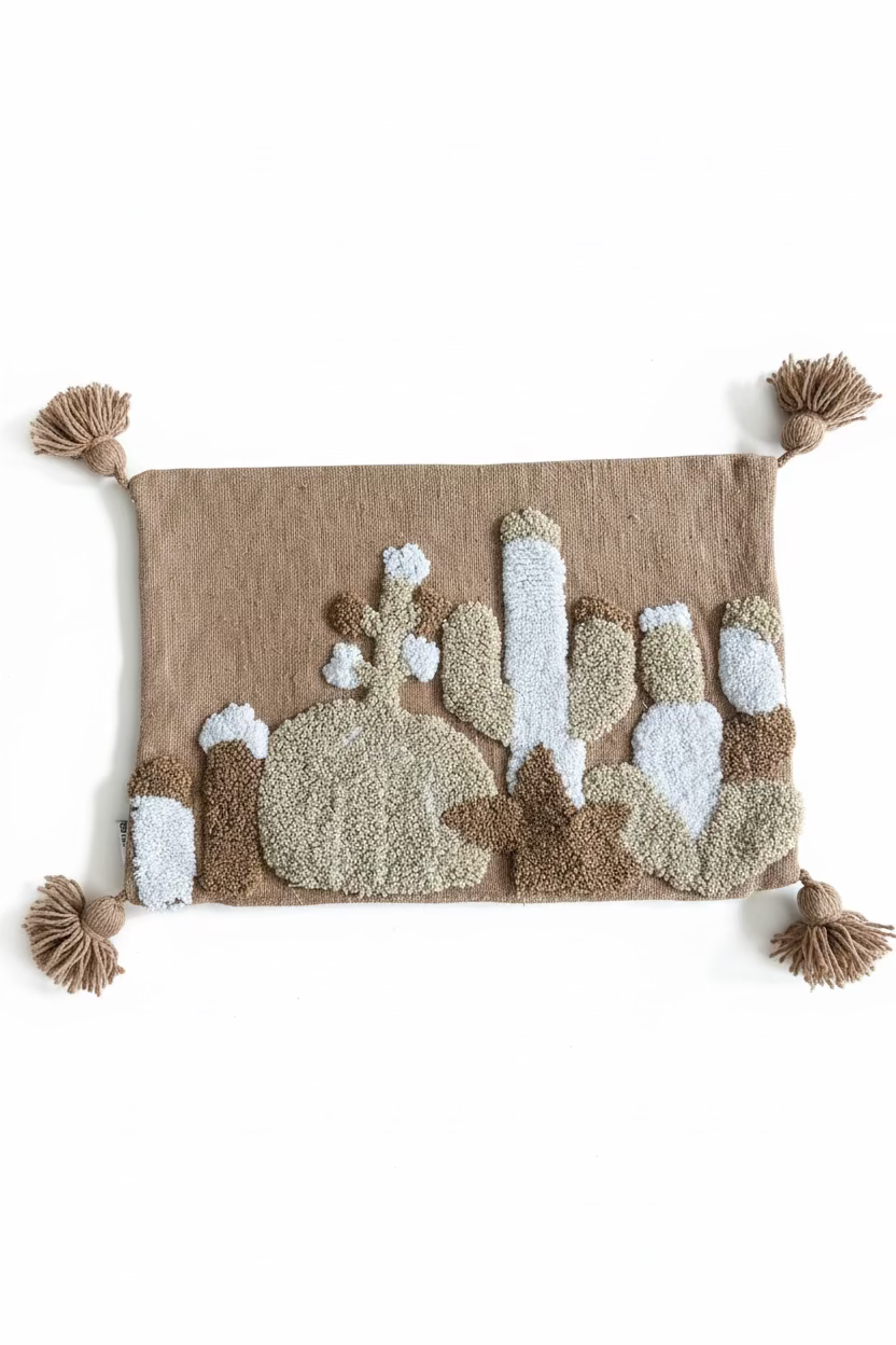 Housse de coussin punch needle cactus 58x40 cm à plat – pompons quatre coins