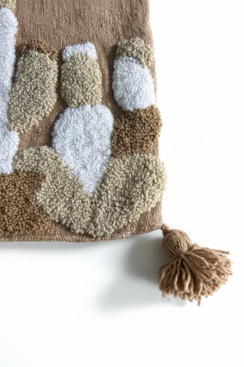 Gros plan punch needle cactus – détail relief et pompon beige fait main