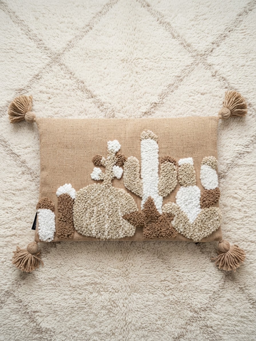 Housse de coussin punch needle cactus 58x40 cm – vue de face fond beige sable