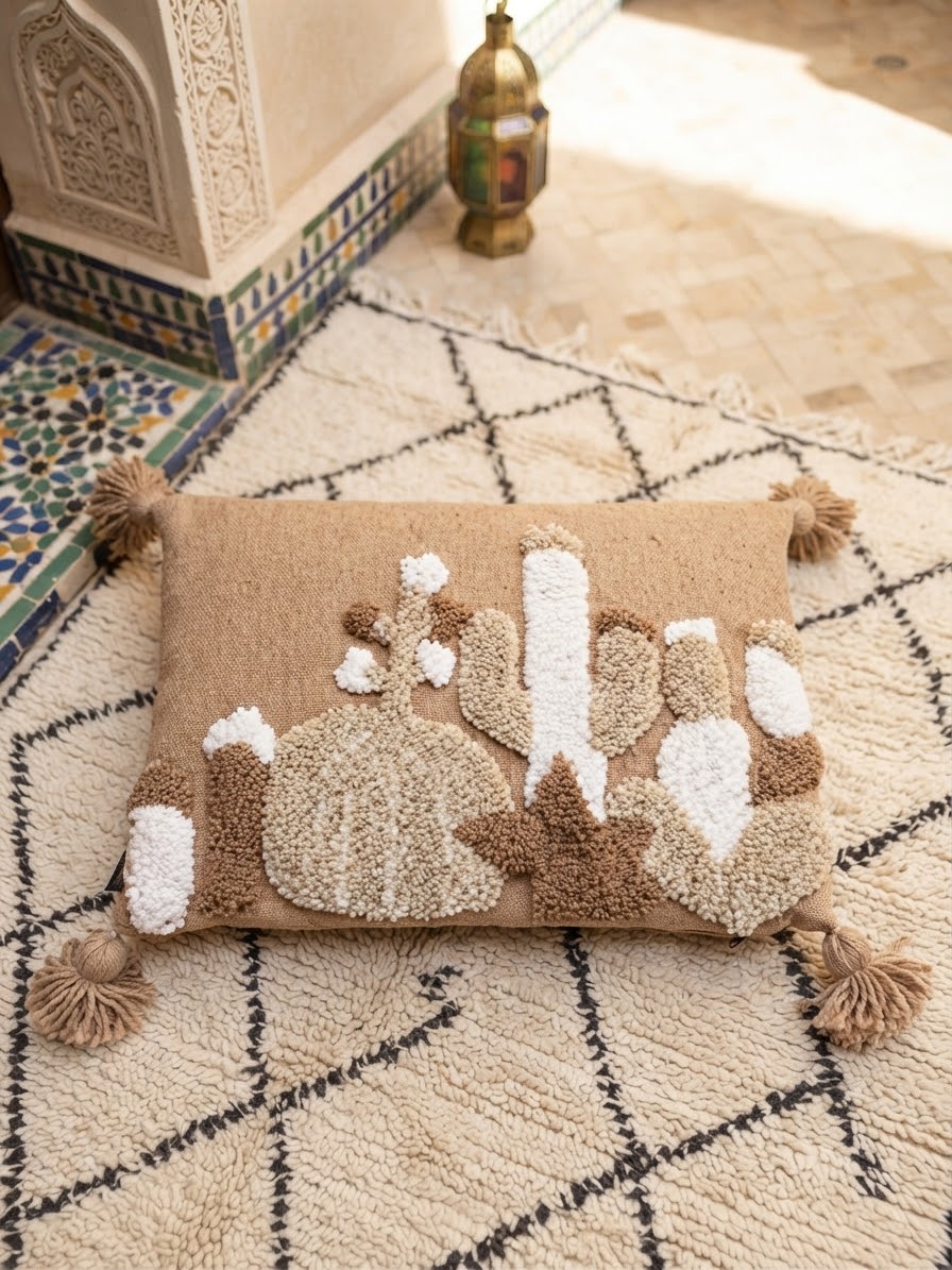 Housse de coussin punch needle cactus posée sur tapis berbère – décor riad Maroc