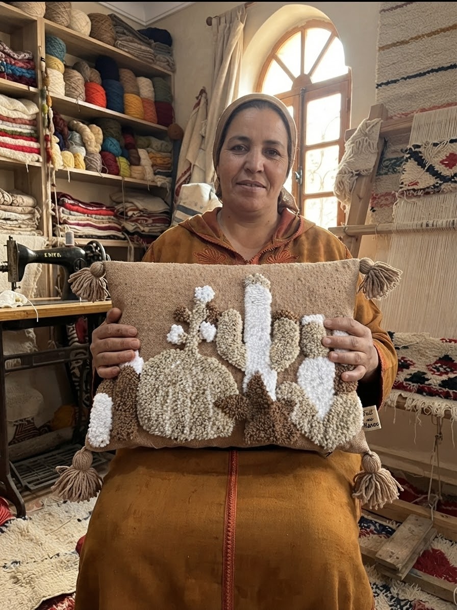 Artisane marocaine tenant une housse de coussin punch needle cactus faite main