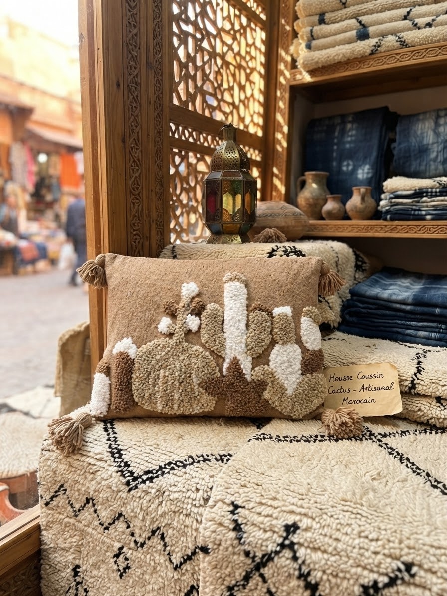 Housse coussin cactus artisanal marocain en boutique médina – pompons beige