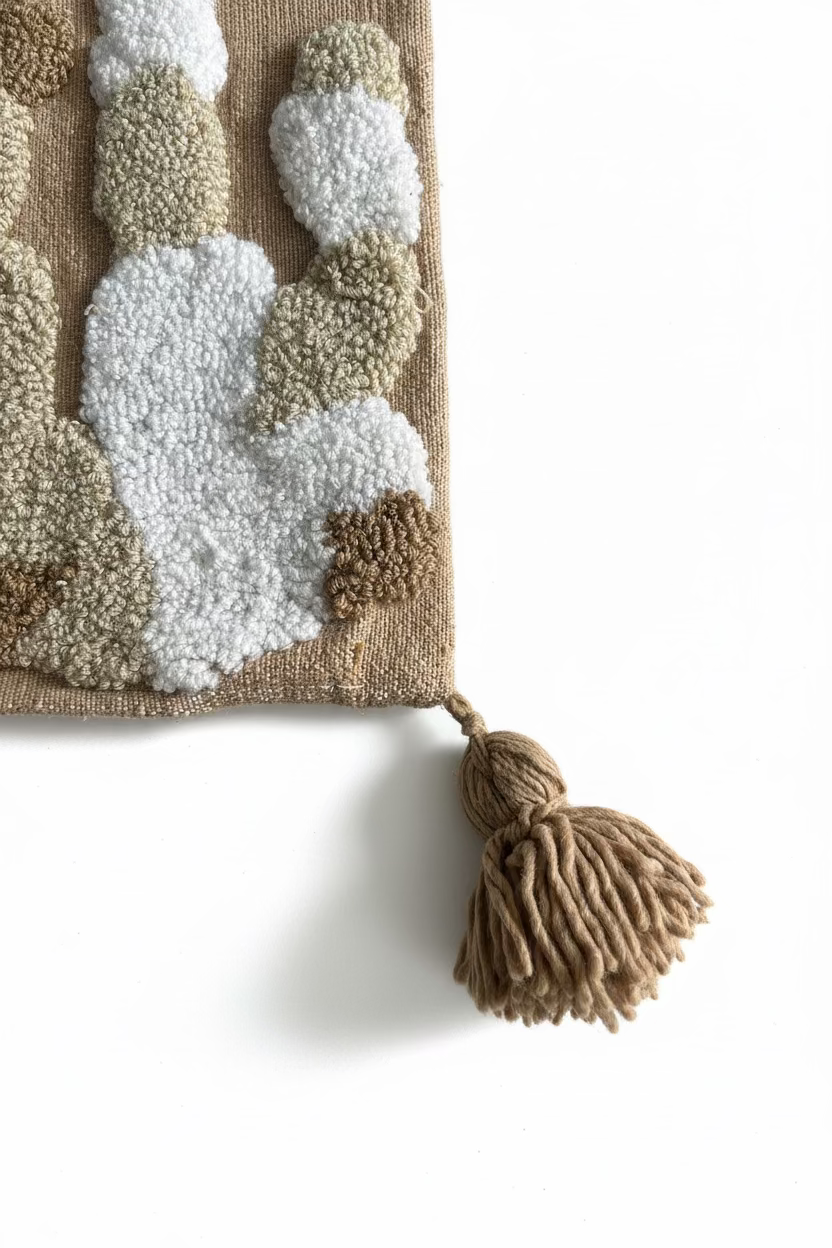 Détail texture punch needle housse de coussin berbère, boucles de coton ivoire et kaki, pompon camel en coton naturel