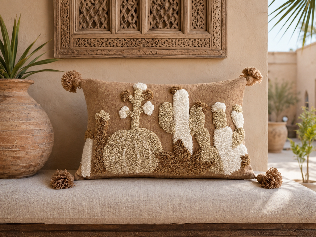 Housse de coussin berbère punch needle motif cactus, fond camel, pompons naturels, posée sur une banquette sur tapis berbère dans un riad marocain