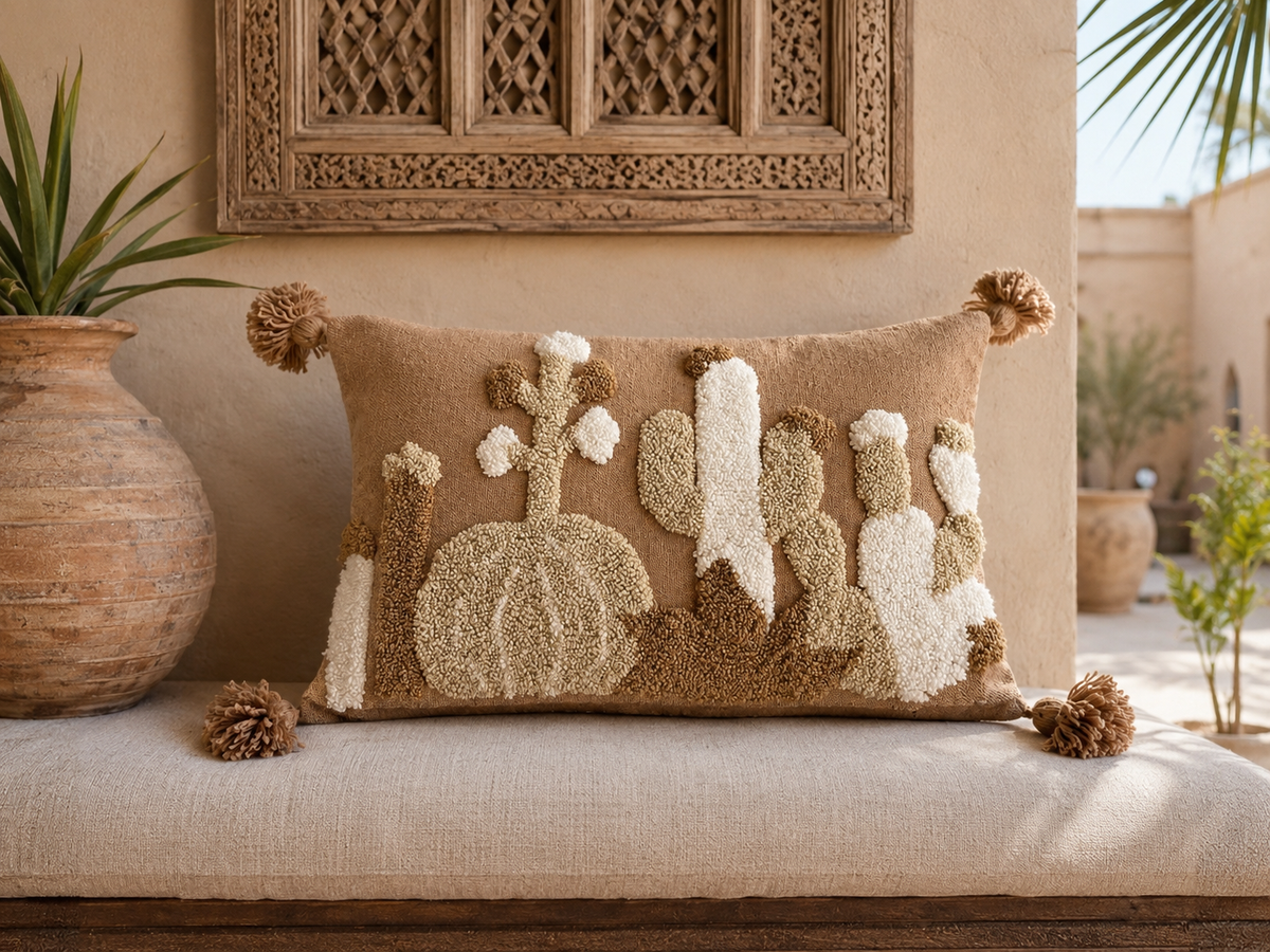 Housse de coussin berbère punch needle motif cactus, fond camel, pompons naturels, posée sur une banquette sur tapis berbère dans un riad marocain