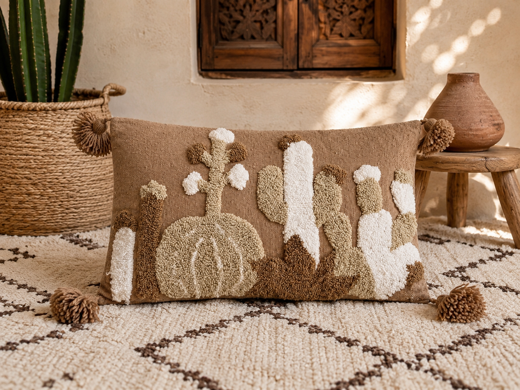 Housse de coussin berbère punch needle motif cactus, fond camel, pompons naturels, posée sur tapis berbère dans un riad marocain, très beau travail 