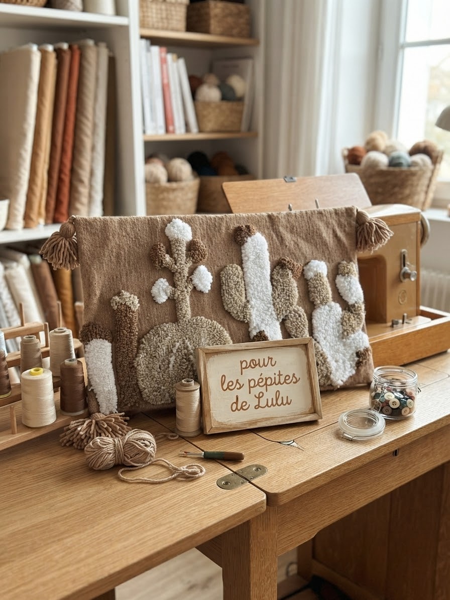 Housse de coussin punch needle cactus berbère faite main, présentée dans un atelier artisanal avec fils et matières naturelles