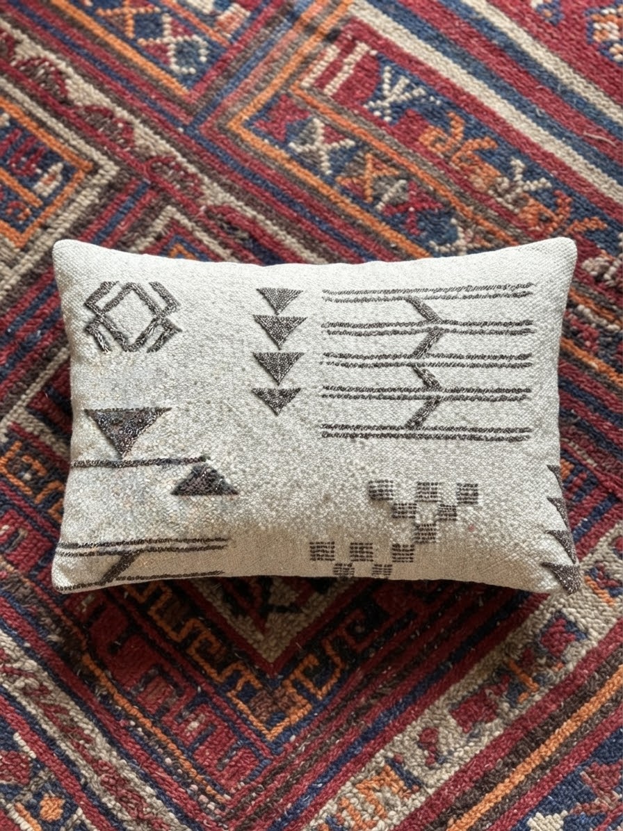 Housse de coussin berbère écrue 58x40 cm sur tapis kilim rouge – motifs triangles et losanges