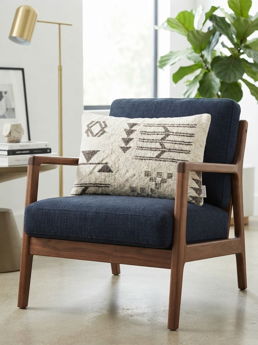 Housse de coussin berbère 58x40 cm posée sur fauteuil bleu marine – décoration boho
