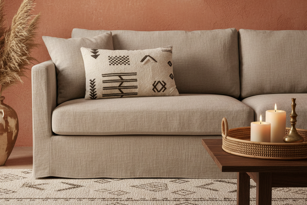 Housse de coussin berbère rectangulaire 58x40cm ivoire motifs géométriques noirs – ambiance salon terracotta bohème