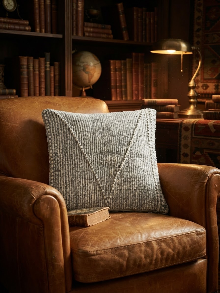 Coussin berbère texturé gris perle dans un fauteuil en cuir – ambiance bibliothèque vintage