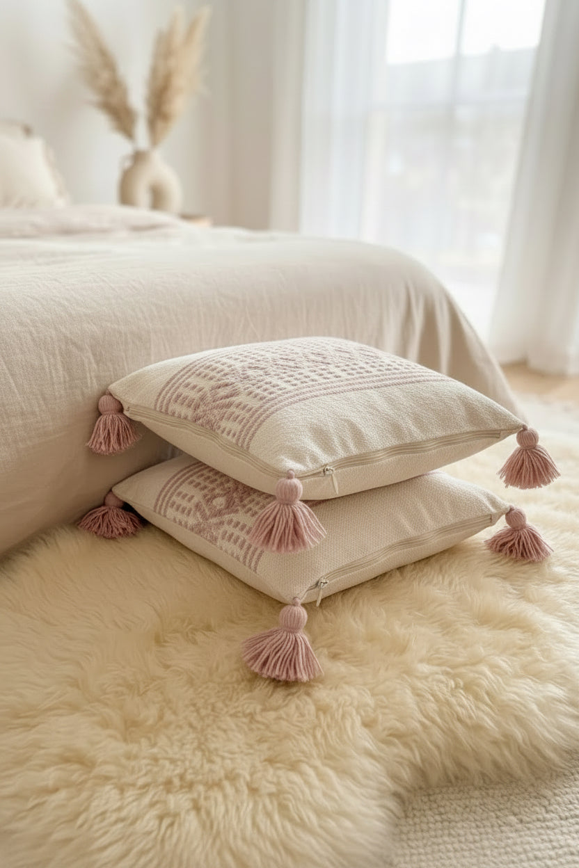 Lot de 2 housses de coussin berbères empilées sur tapis fourrure ivoire – décor chambre bohème romantique