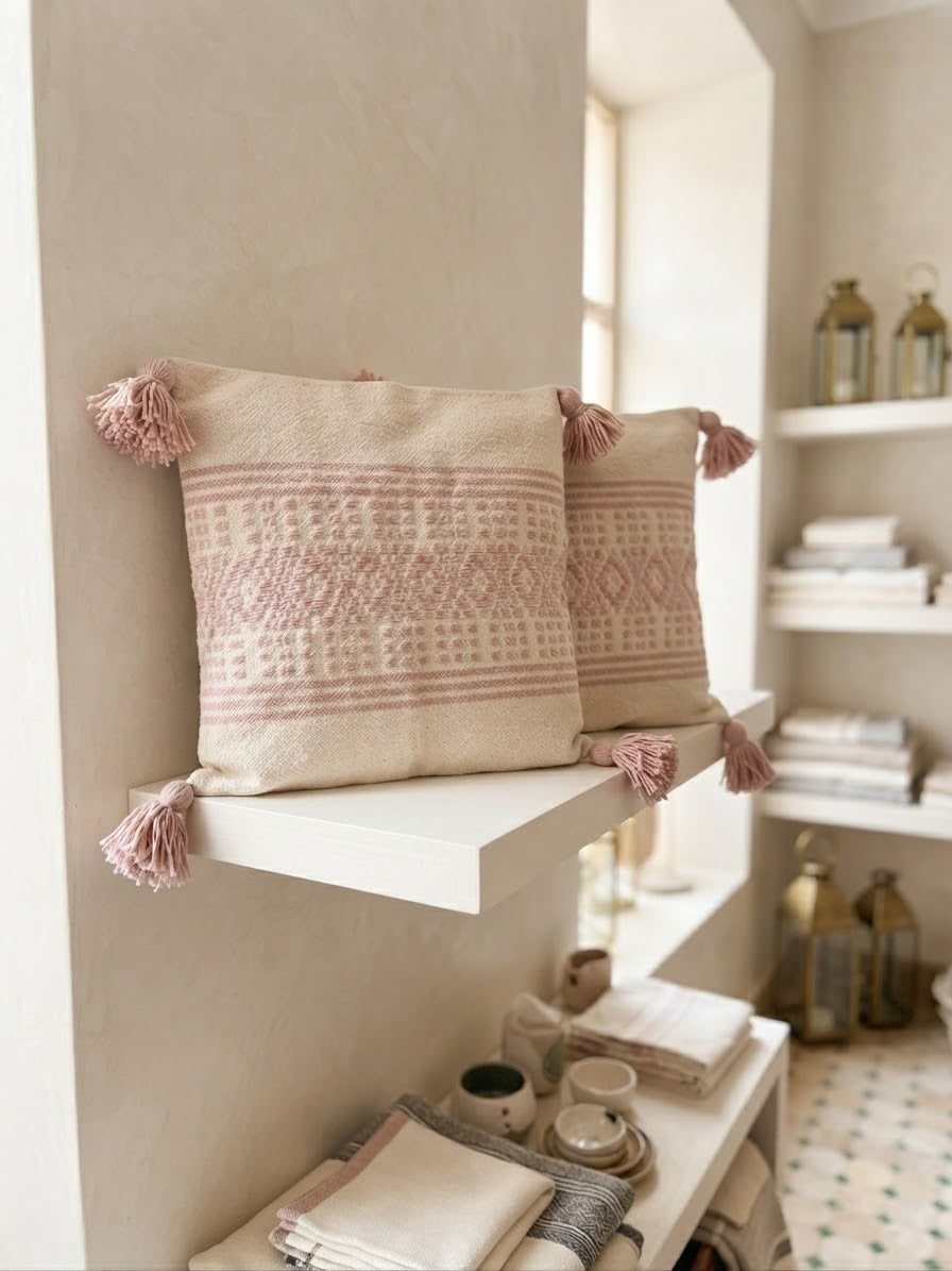Housses de coussin marocaines à pompons rose poudré posées sur étagère blanche – décor minimaliste