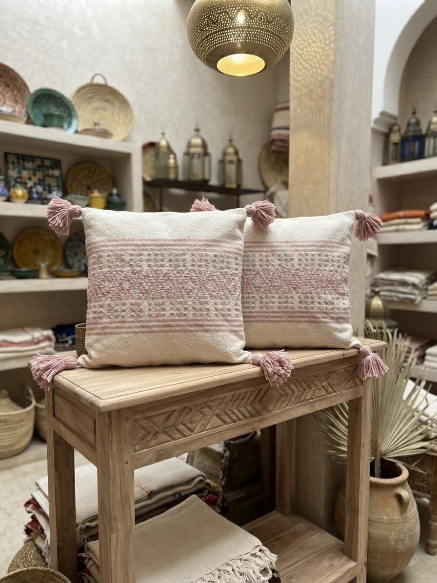 Duo de coussins artisanaux marocains rose poudré sur banc en bois – intérieur riad authentique