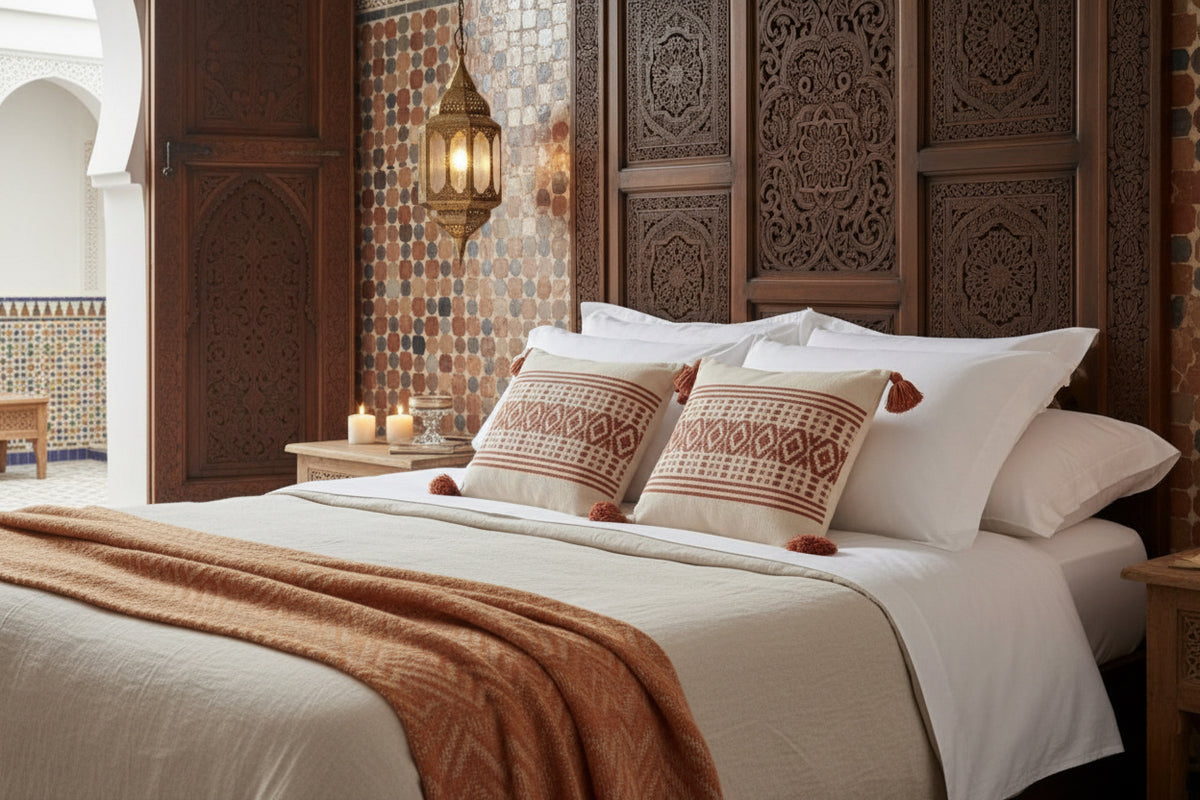 Lot de 2 housses de coussin marocaines tissées fond ivoire motifs berbères terracotta pompons 45x45cm – vue ambiance chambre riad