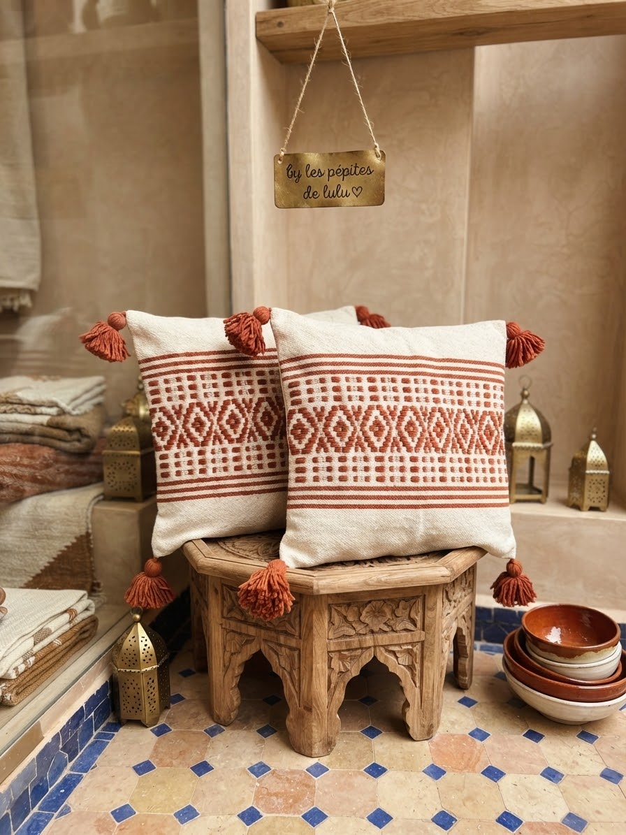 Housses de coussin marocaines à pompons sur tabouret sculpté – boutique les pépites de lulu