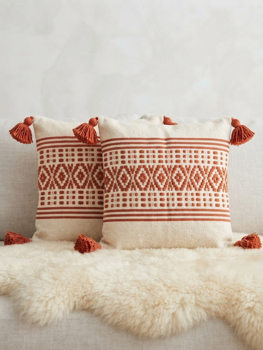 Lot de 2 housses de coussin artisanales ivoire et terracotta posées sur fourrure – motifs kilim berbères