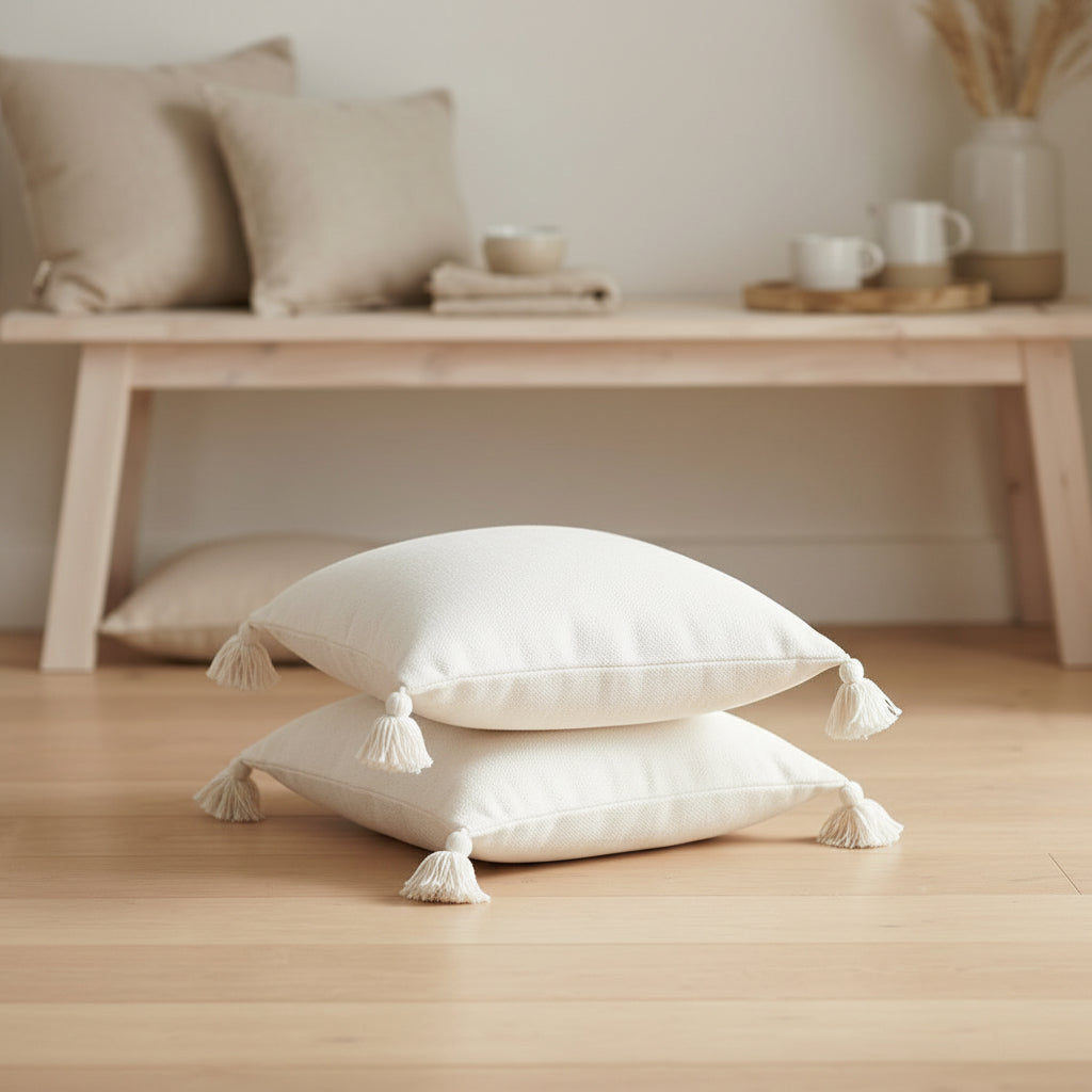 Lot de 2 housses de coussin écru pompons empilées sur parquet – Style minimaliste et artisanal marocain