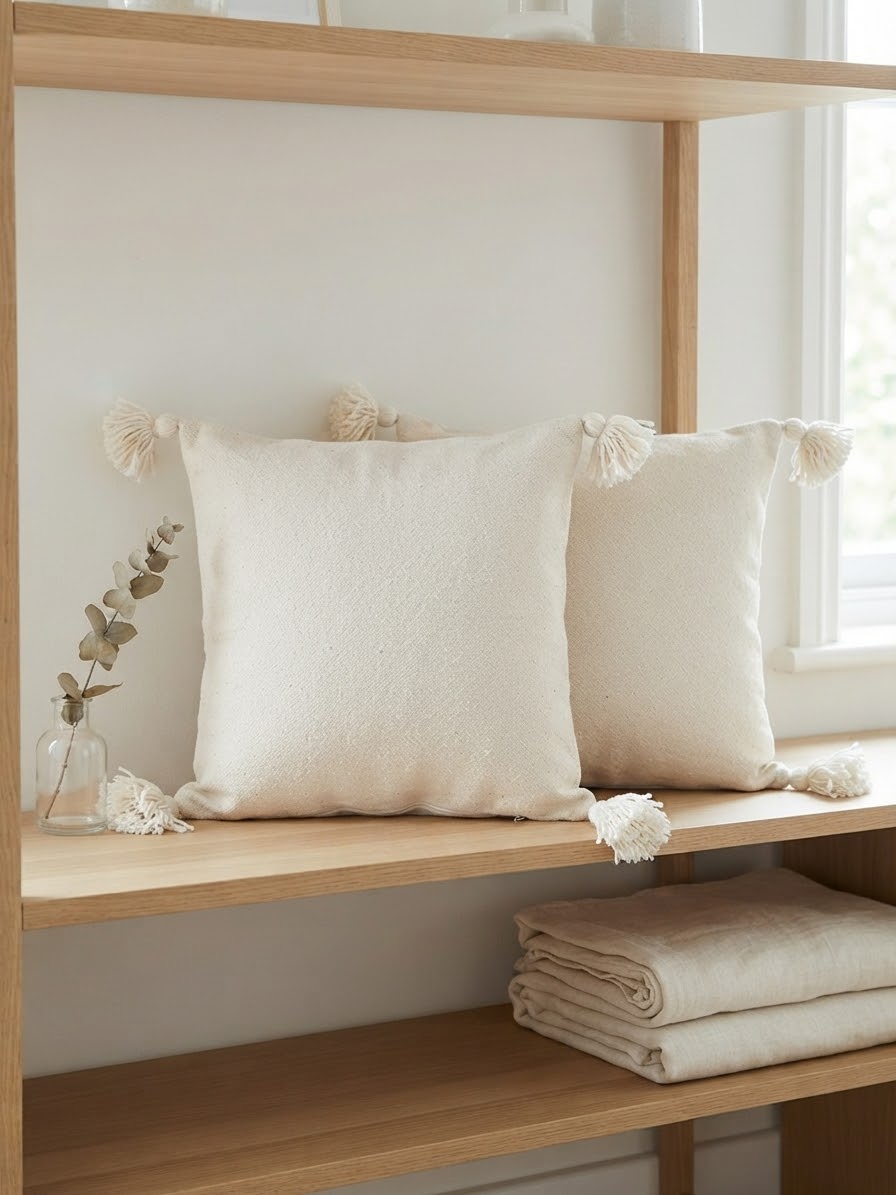 Duo de housses de coussin en coton naturel écru avec pompons sur étagère en bois – Décoration boho épurée