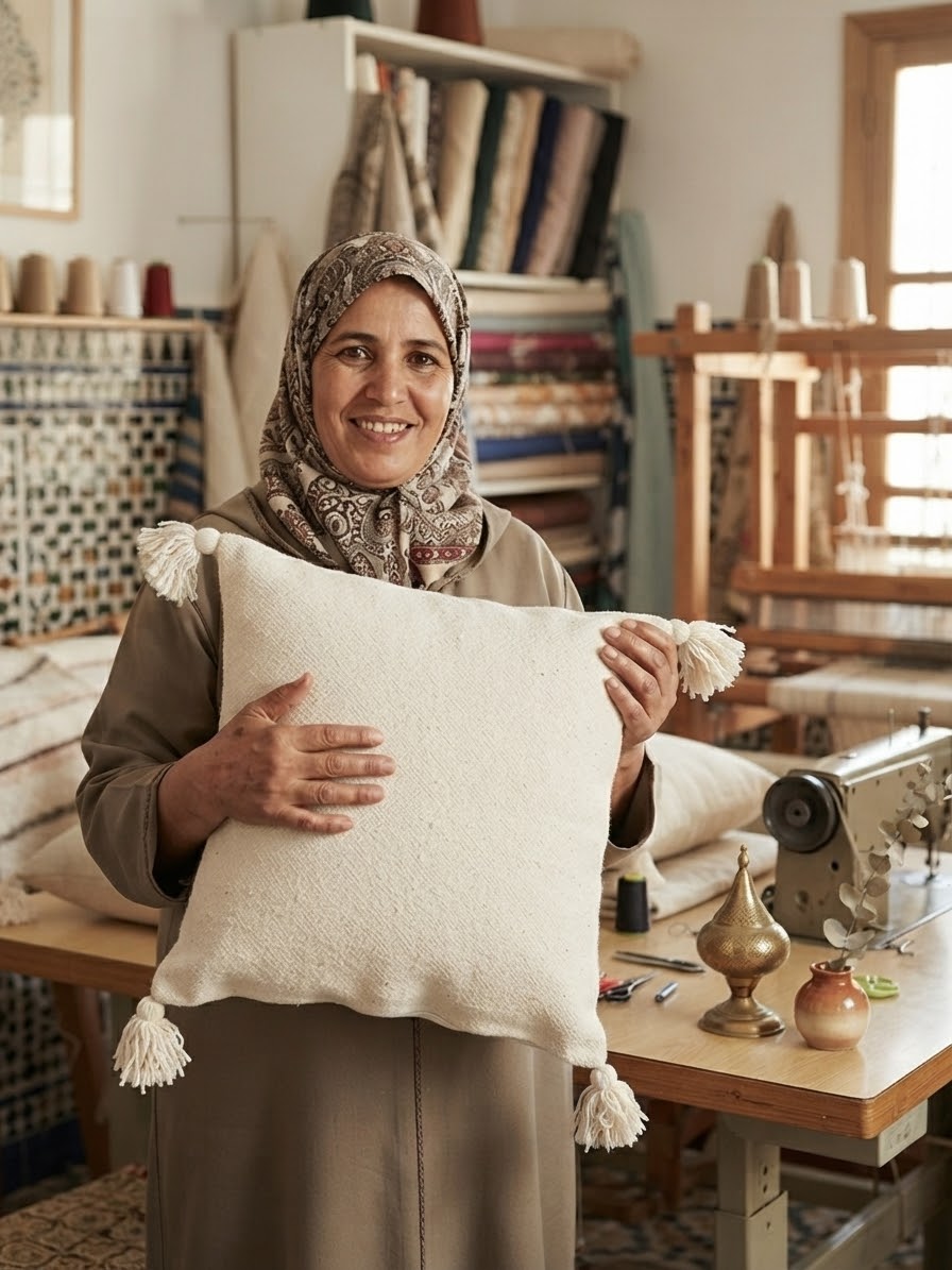 Artisane marocaine souriante tenant une housse de coussin écru à pompons dans son atelier de tissage