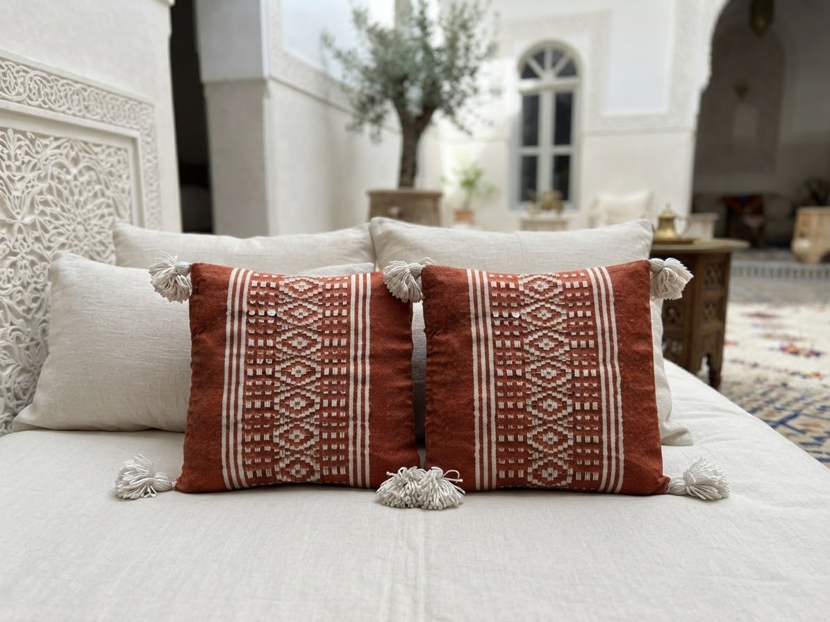 Duo de housses de coussin marocaines terracotta et écru sur lit blanc – Tissage berbère fait main avec pompons