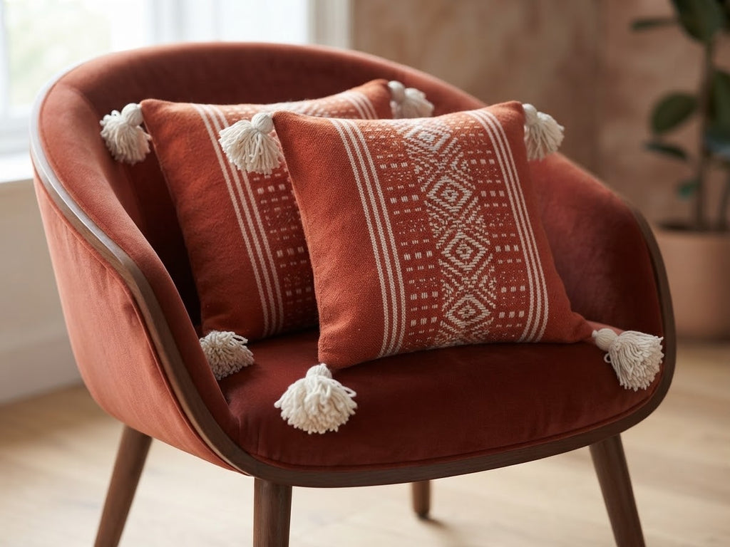 Lot de 2 housses de coussin berbères terracotta à pompons écru sur fauteuil velours – Motif