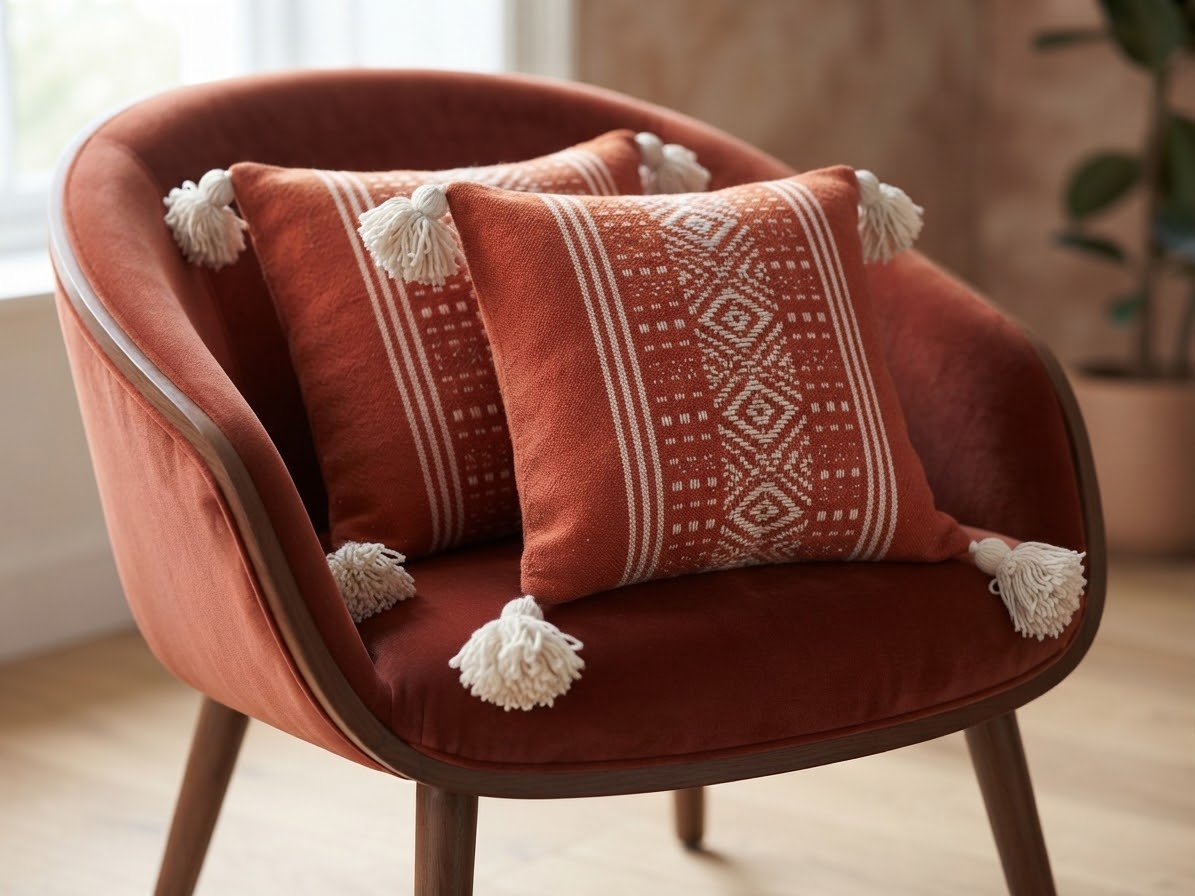 Lot de 2 housses de coussin berbères terracotta à pompons écru sur fauteuil velours – Motif