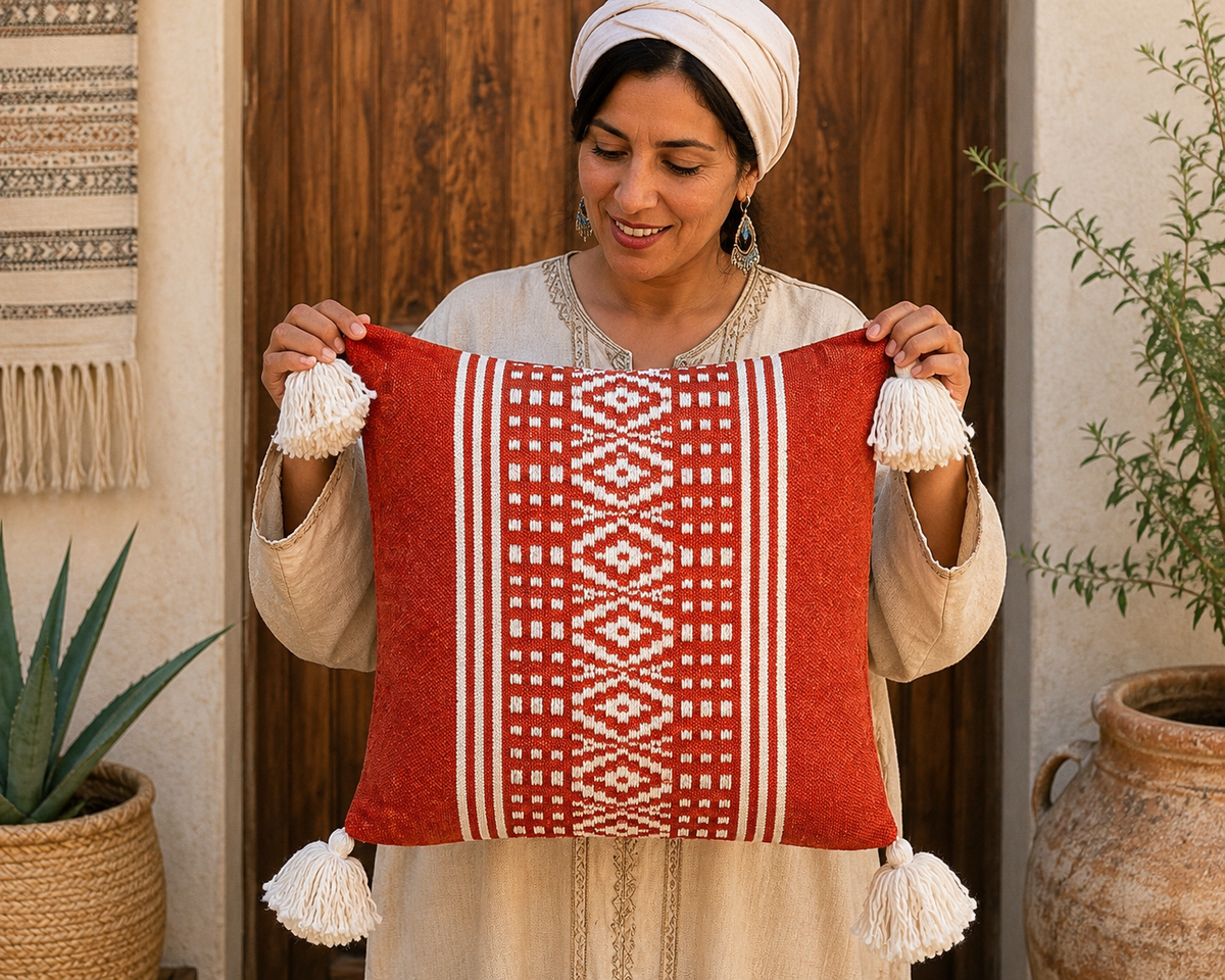Artisane marocaine tenant une housse de coussin tissée main terracotta et écru avec pompons – Savoir-faire berbère