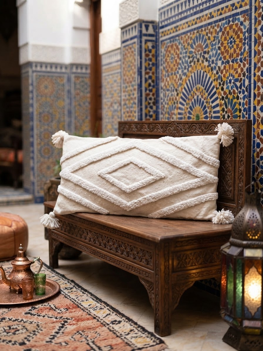 Housse de coussin berbère XXL blanche à motifs losanges sur banquette sculptée dans un riad marocain – ambiance authentique avec lanternes et zellige