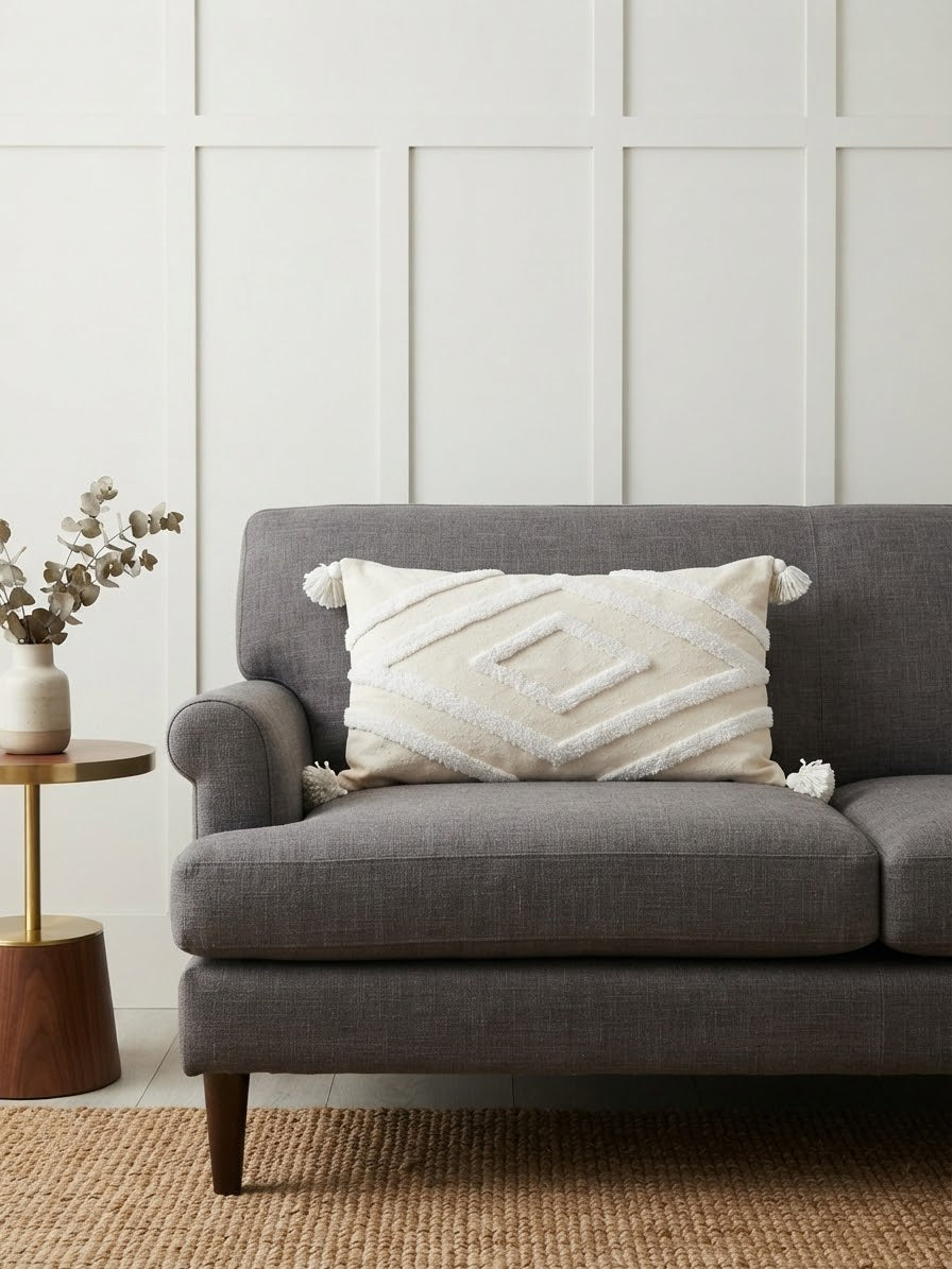 Housse de coussin berbère XXL ivoire sur canapé gris – style boho chic scandinave fait main – 98x48 cm