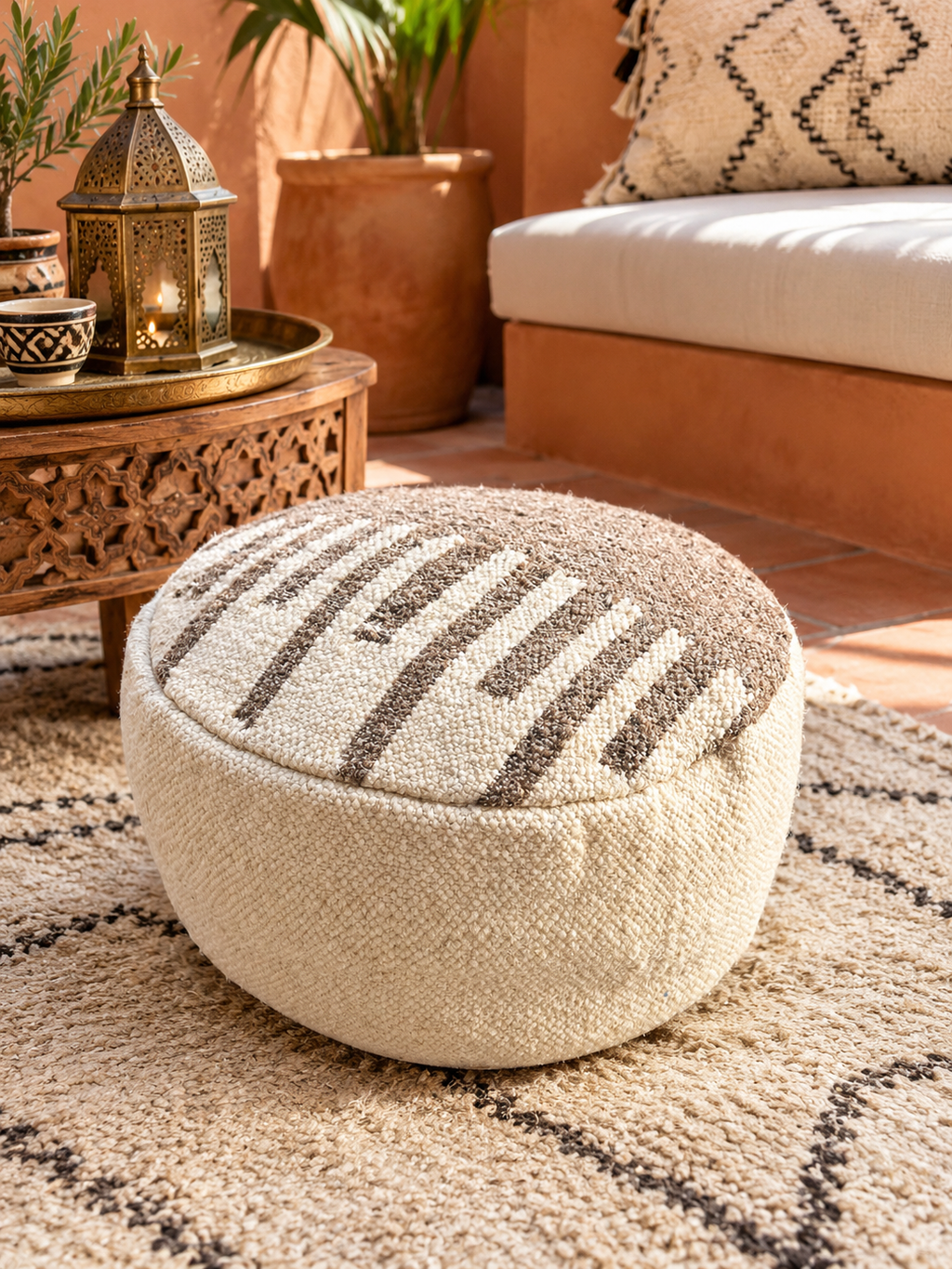 Gros plan pouf marocain artisanal en laine naturelle rayures grises, décor boho-luxe terrasse orientale.