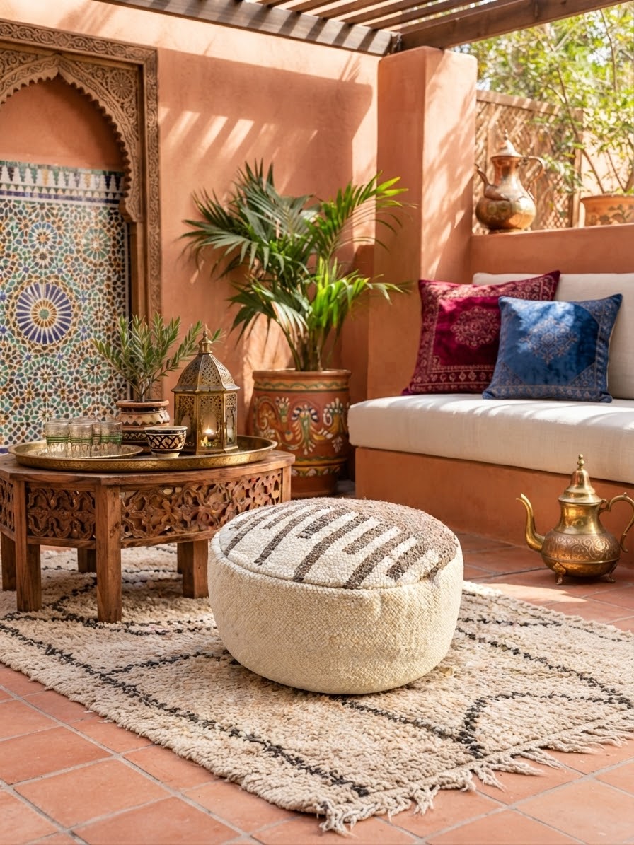 Pouf marocain fait main en laine blanc cassé à rayures grises, posé sur un kilim berbère dans un salon riad