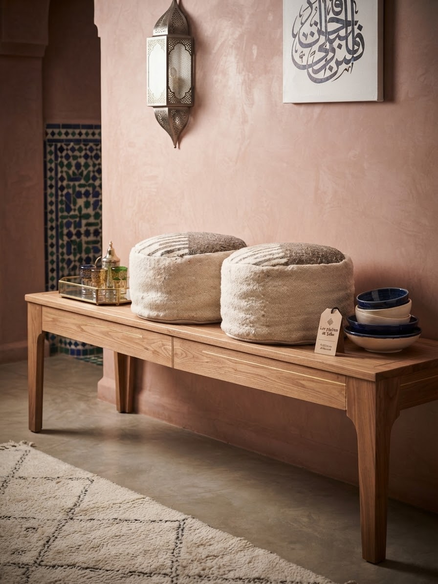 Deux poufs marocains en laine naturelle posés sur une table en bois, décor riad avec lanterne et zellige
