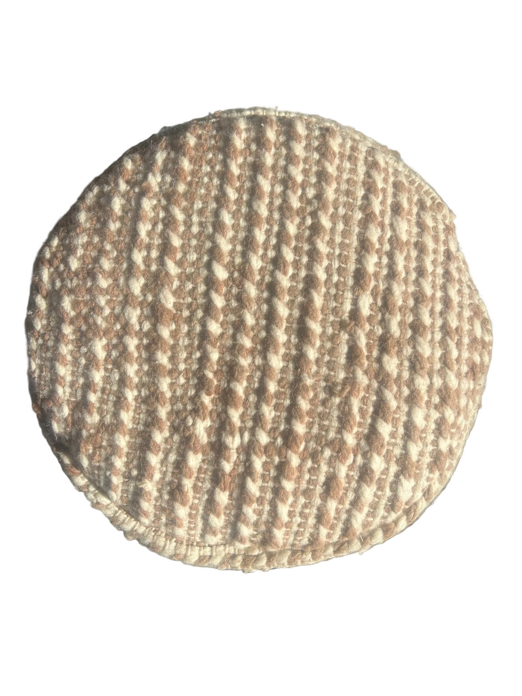 Vue de dessus de la housse de pouf berbère ronde 35 cm, tissage laine naturelle écrue fait main