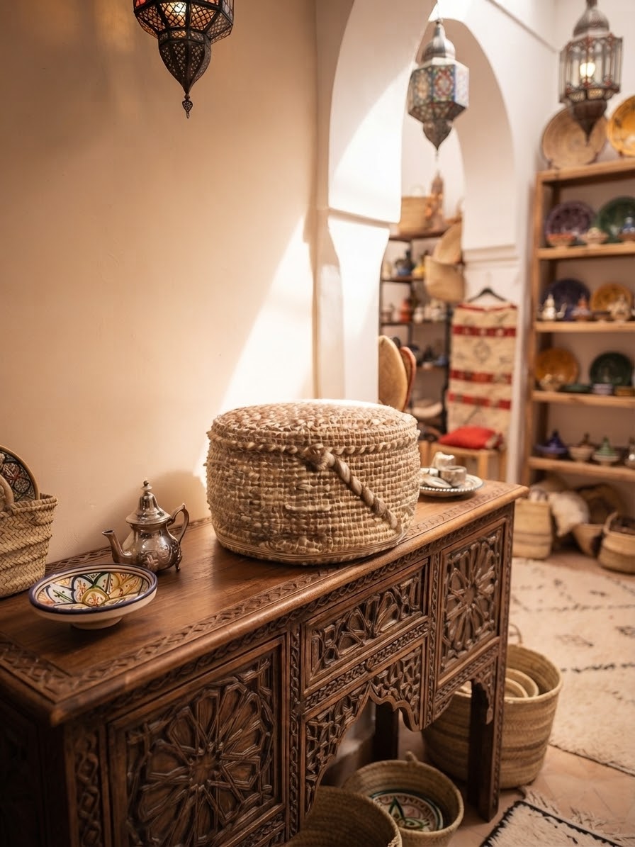 Pouf artisanal marocain en laine tissée main, mis en scène dans un riad avec lanternes et poterie berbère