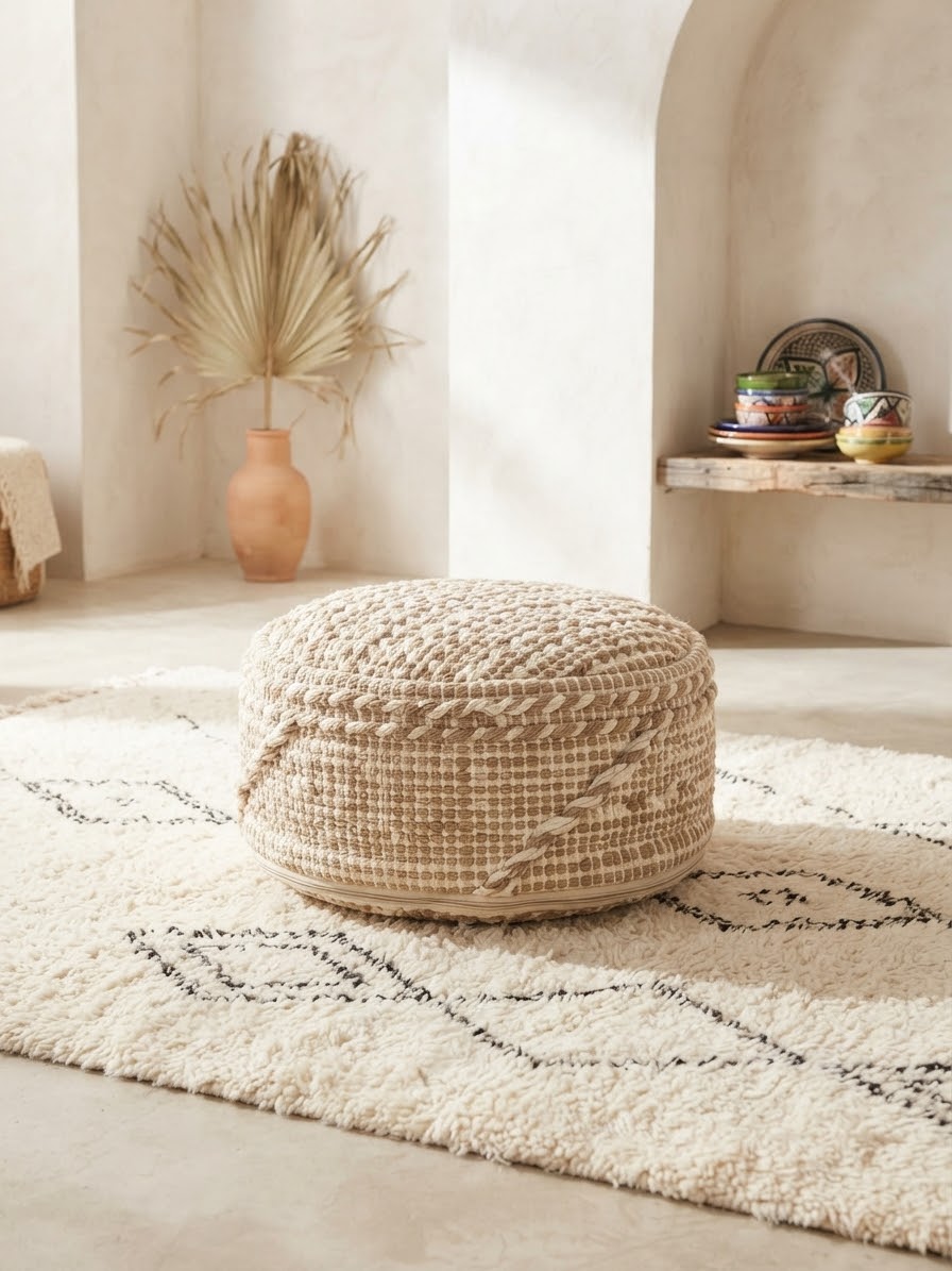 Housse de pouf ronde en laine naturelle marocaine 35 cm, décoration bohème dans un salon aux murs blancs