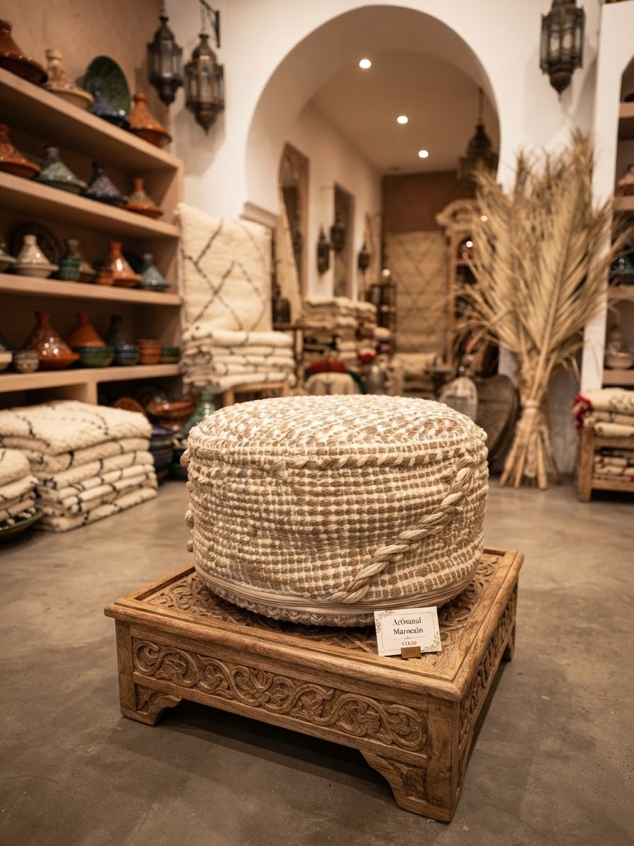 Pouf berbère en laine pure tissée main, posé sur un présentoir en bois sculpté dans une boutique artisanale marocaine