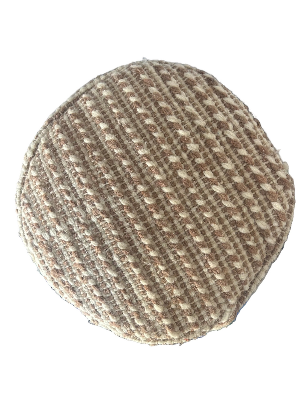 Vue de dessus du pouf berbère en laine tissée crème et beige – diamètre 35 cm