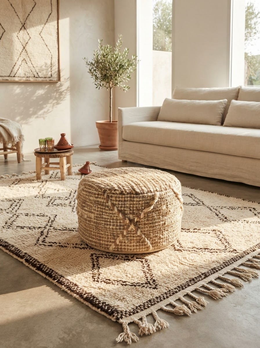 Pouf berbère en laine tissée à la main dans un salon boho, motifs géométriques berbères