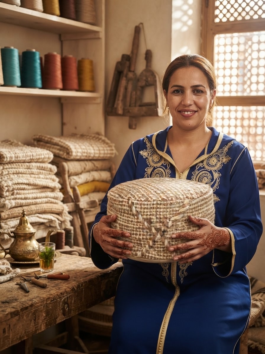 Artisane marocaine tenant un pouf berbère fait main en laine naturelle – fabrication artisanale