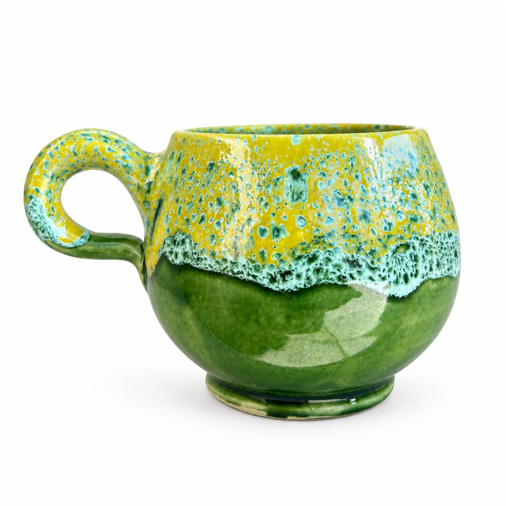 Tasse arrondie en céramique verte et jaune, avec anse incurvée, finition brillante et effets mouchetés turquoise sur la partie supérieure.