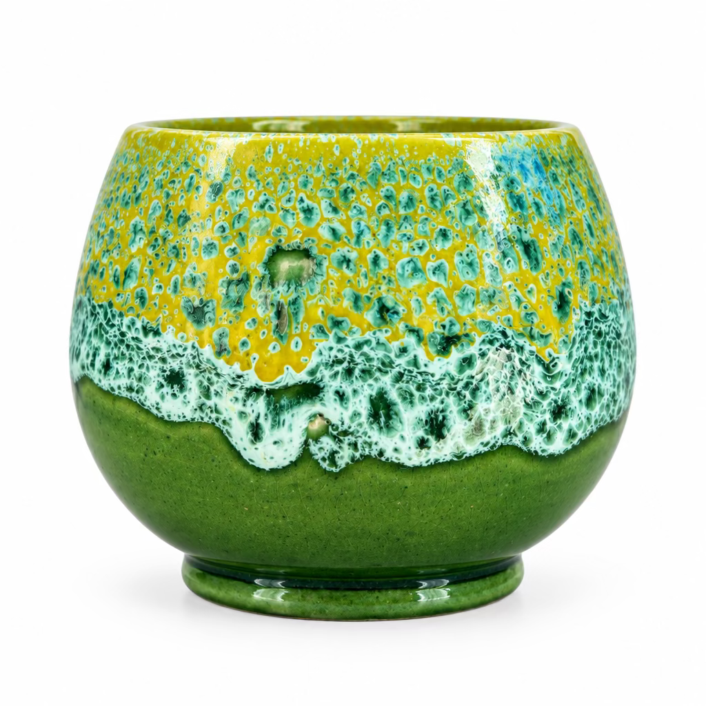 Tasse arrondie en céramique verte et jaune, avec anse incurvée, finition brillante et effets mouchetés turquoise sur la partie supérieure.