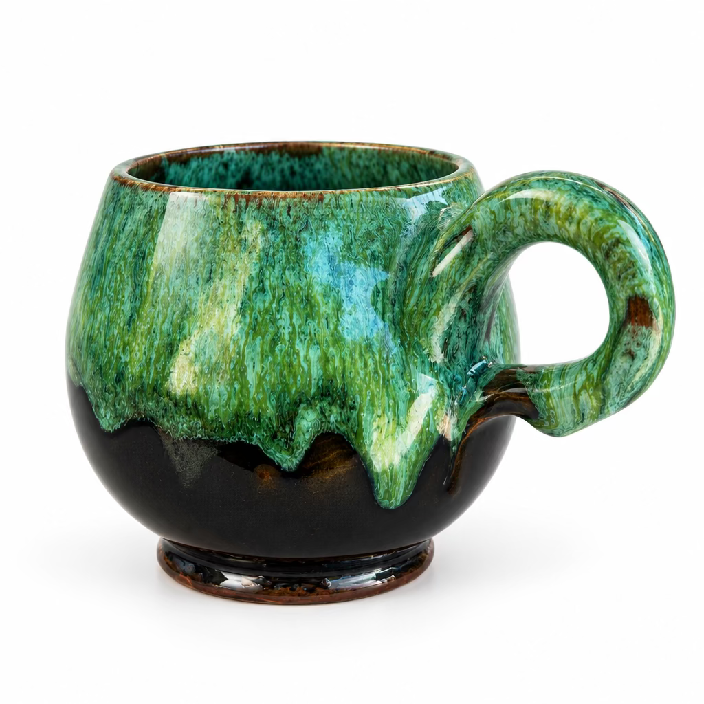 Tasse Émeraude à la forme arrondie, avec anse, finition brillante verte nuancée et base brun foncé.