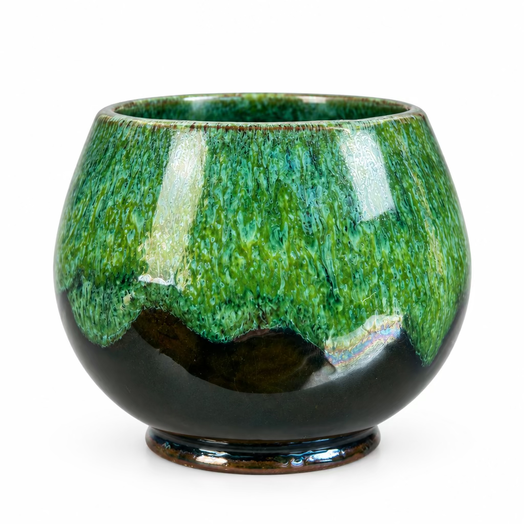 Tasse Émeraude à la forme arrondie, avec anse, finition brillante verte nuancée et base brun foncé.