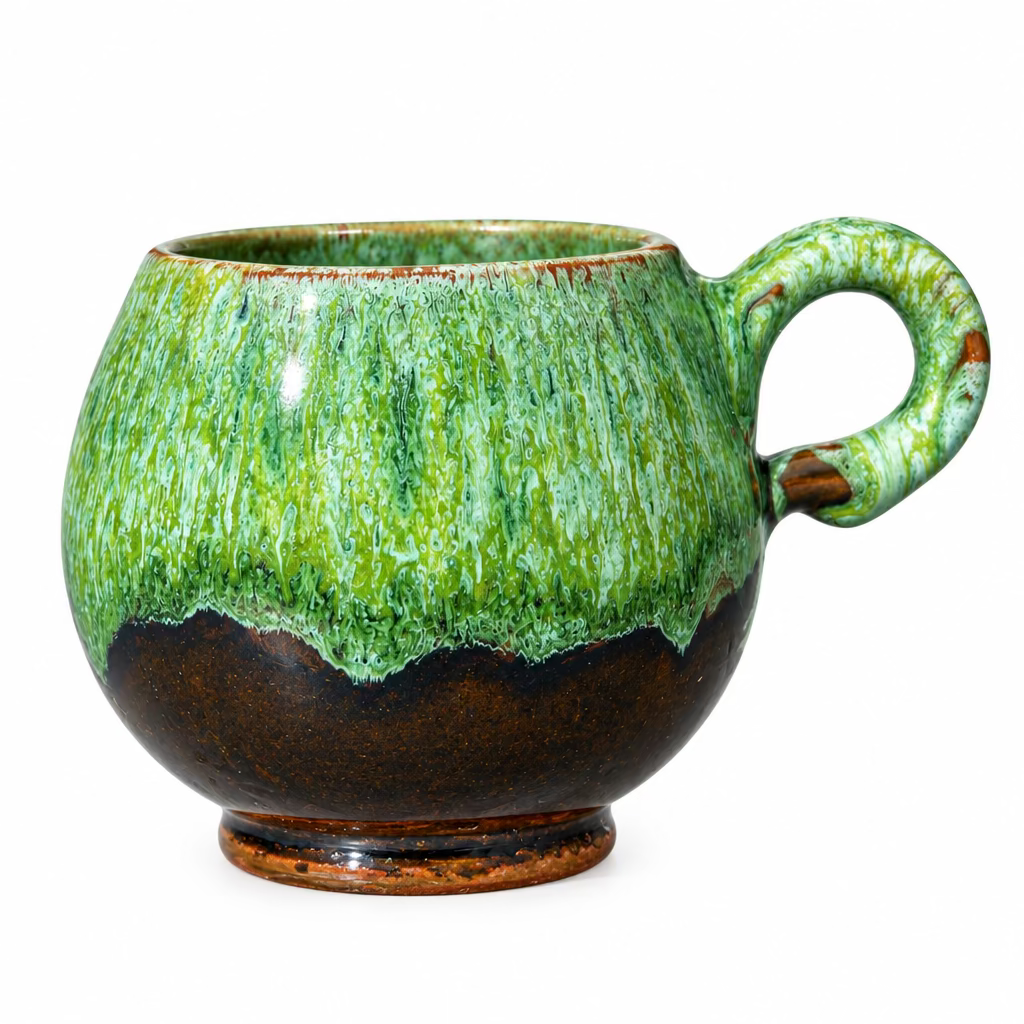 Tasse Émeraude à la forme arrondie, avec anse, finition brillante verte nuancée et base brun foncé.