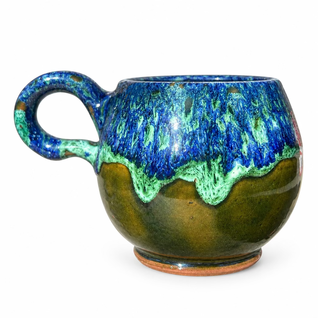 Tasse arrondie à finition brillante bleu profond, avec nuances turquoise et vert olive, anse courbée et petit pied.