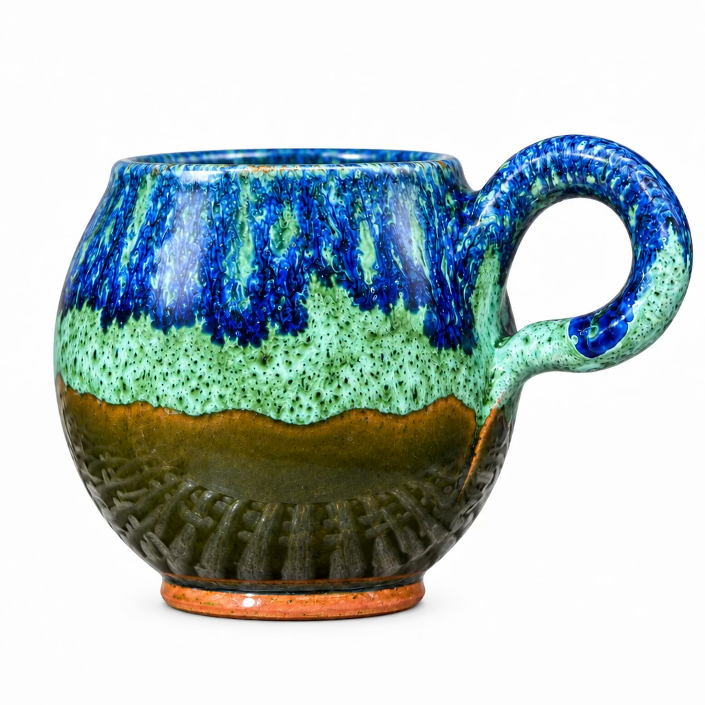 Tasse arrondie à finition brillante bleu profond, avec nuances turquoise et vert olive, anse courbée et petit pied.